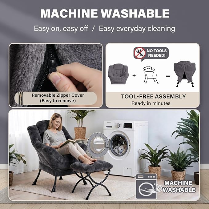 Plush Lazy Chair and Ottoman, Large Dark Grey Contemporary Accent Chair with Side Pocket, Modern Leisure Upholstered Reading Armchair with Footrest for Office, Bedroom, Living Room, Balcony