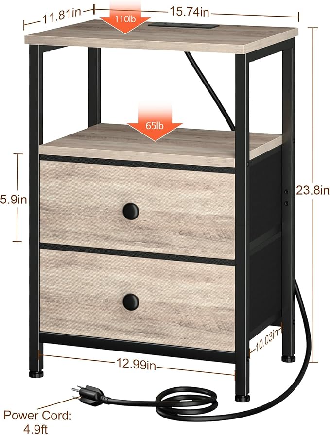 LOAKEKEL Night Stand with Charging Station, Small Bedside Table with 2 Fabric Drawers, Nightstand with USB Ports & Outlets for Bedroom, Grey, HETS020GY-1 - Image 3