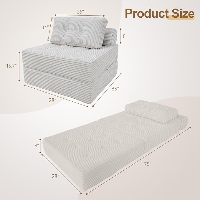 ANONER Memory Foam Folding Sofa Bed, Sectional Couches with Deep Seat and Pillow, Futon Floor Couch, Versatile Convertible Sleeper Chair, Boneless Chaise Lounge, Fold Out Chair Bed, Beige