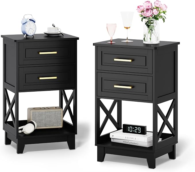 May in Color Black Nightstand Set of 2, Tall Side Table with 2 Drawers and Open Shelf, Bedside Table with Solid Feet, Modern End Table for Bedroom, Home Office, Black by MayinColor