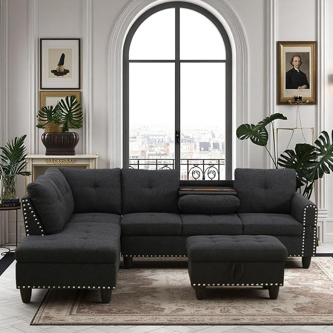 Sectional Couches for Living Room Furniture, 4 Seat L Shaped Couches with Ottoman, Modular Sectional Sofa for Apartment Furniture Sets, Grey