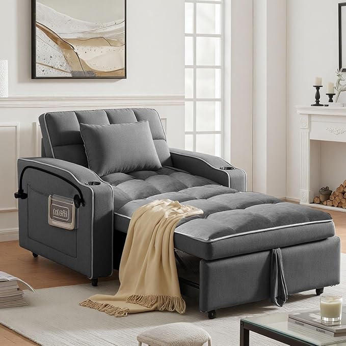 Sleeper Chair, Convertible Pull Out Chair Sleeper with Bracket and Cup Holder, Chairs Bed Sleepers for Adults, 3 in 1 Sofa Bed Chairs for Small Spaces, Living Room, Gray