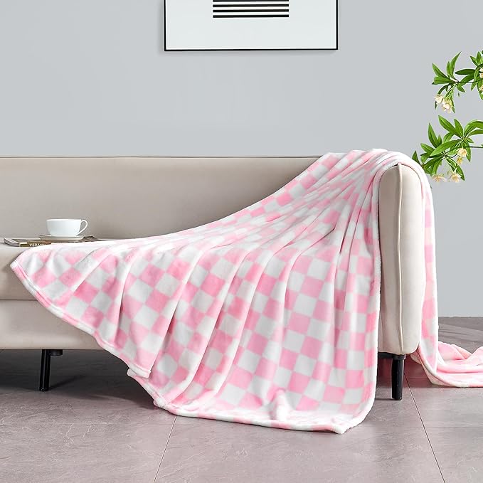 Edenleaf Pink Checkered Blanket, Ultra Soft Fleece Checkered Throw Blankets for Couch Bed and Travel, Luxury Throws for All Seasons, 60x80 Inch, Pink