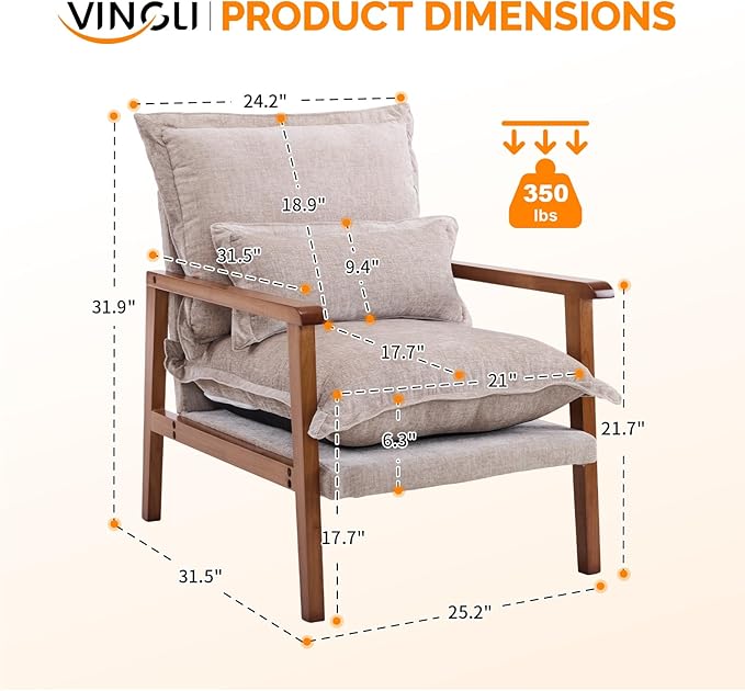 VINGLI Mid-Century Modern Cloud Accent Armchairs Set of 2 with Lumbar Pillow, 6.3'' Thick Seat Cushion Reading Chairs with Wooden Armrests, Boho Lounge Chair for Bedroom, Living Room, Chenille, Khaki
