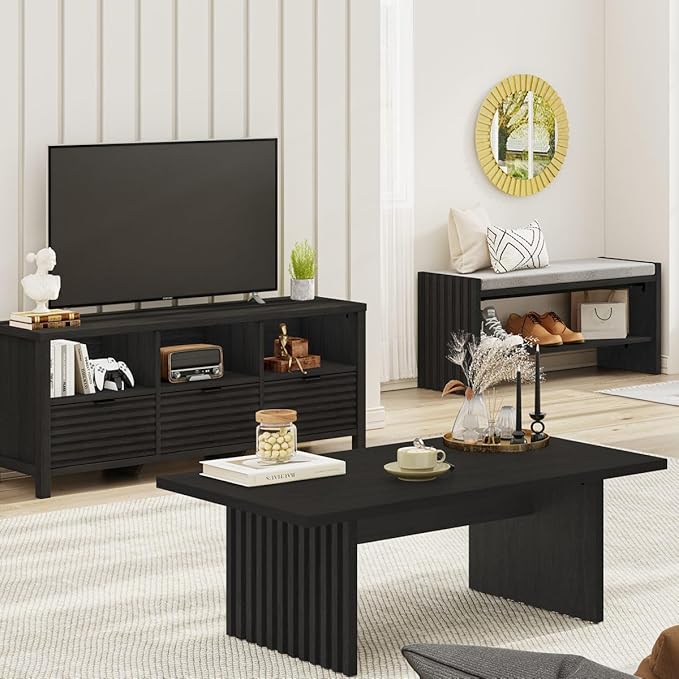 BON AUGURE Coffee Tables for Living Room, 47 Inch Modern Living Room Table, Rectangular Coffee Table with Spacious Tabletop, Slatted Panel Center Tables Centerpiece, Black Oak