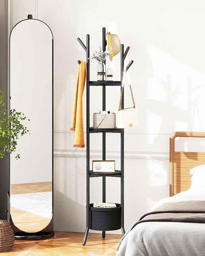 YMYNY Coat Rack, Freestanding Coat Stand with Storage Shelves, Hall Trees with 3 Wooden Shelves and 1 Fabric Basket, Metal Clothes Stand for Hats Bags Hallway Bedroom Black UHGR005B - Image 2