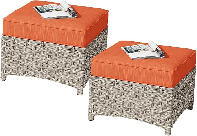 HOOOWOOO 2 Piece Patio Ottoman Set,Outdoor Wicker Ottomans,All Weather Resistant Rattan Deck Ottoman Matching Furniture(Orange Red)