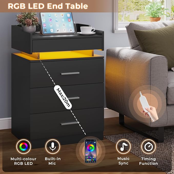 HAUOMS Black Nightstand Set of 2,LED Night Stand with Charging Station & Pull-Out Tray,Bedside Table with Drawers,Modern End Table Side Table Storage Cabniet - Image 3