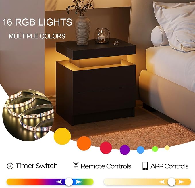 Black LED Nightstand Modern Night Stand for Bedroom Bedside Table with 2 Wood Drawers End Side Table - Image 5