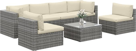 SUNVIVI OUTDOOR 7 Piece Patio Furniture Sets All Weather Gery PE Wicker Couch Sofa with Glass Table, Removable Beige Cushions, Brown Rattan