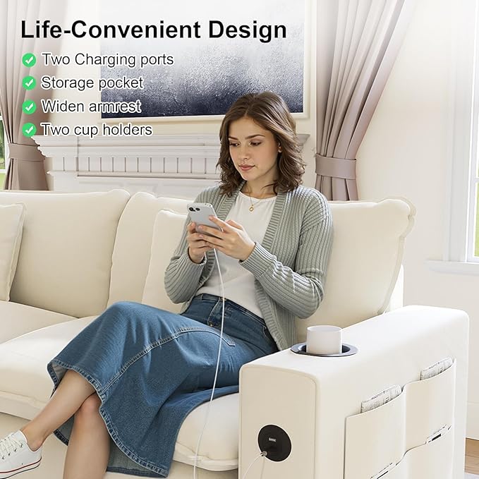 152" Modular Sectional Sofa, U Shaped Cloud Couch with Movable Ottoman, Chenille Deep Seat Cloud Sofa with Charging Station, Cup Holder, Side Pocket, Sectional Couches for Living Room, Beige