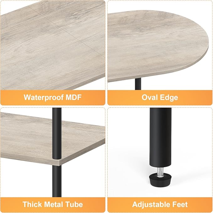 ETELI Round Coffee Table for Small Space Farmhouse Oval Coffee Table with 2-Tier Shelf Circle Center Tea Table for Living Room, Grey