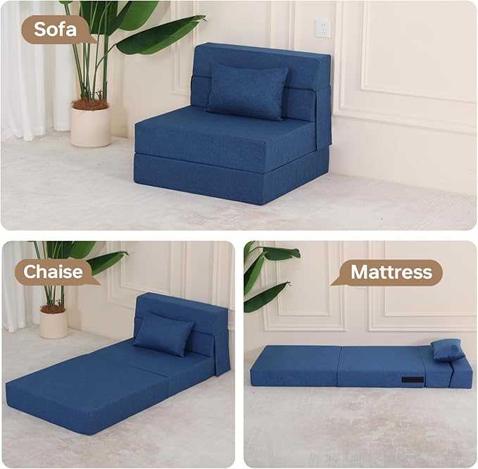 Folding Sofa Bed, Foldable Sleeper Chair with Pillow, Convertible Fold Out Chair Bed with Washable Cover, Foldable Mattress for Living Room, Bedroom, Guest Room, Single Size, Blue