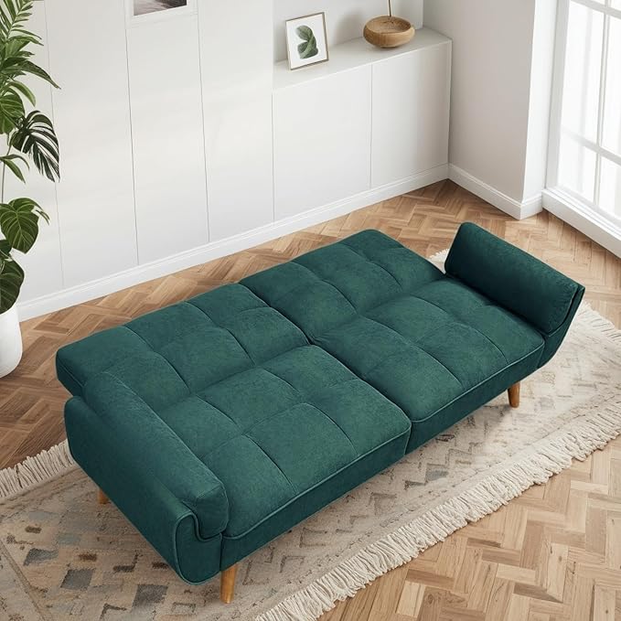 Convertible Futon Sofa Bed, Modern Futon Couch with 2 Pillows, Small Futons Couch with Adjustable Armrest & Backrest, Loveseat Sofa Bed for Living Room, Bedroom, Green
