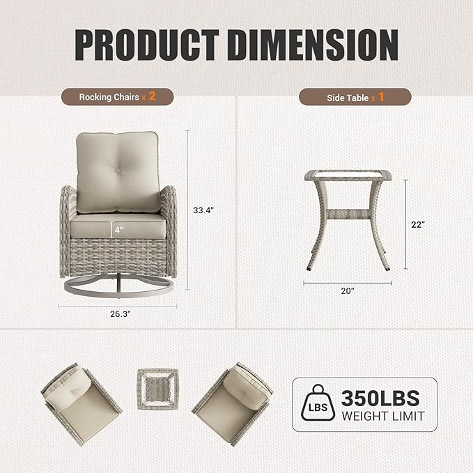 Patio Rocking Swivel Chair Outdoor Wicker Rattan Bistro Set with Tempered Glass Side Table, Outdoor Patio Furniture Set for Garden, Deck, and Balcony, White