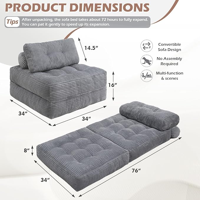 Folding Sofa Bed, Convertible Sleeper Chair with Pillow & Handle, Foldable Mattress Futon Chair Bed Lounge with Back Support, Comfy Floor Sofa for Living Room Bedroom, LightGrey, Single