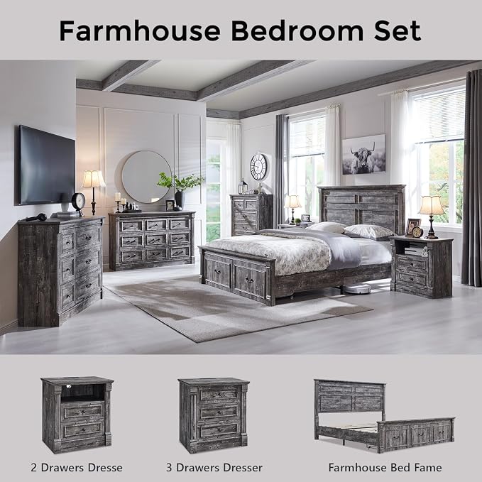 26" Tall Farmhouse Nightstand Set of 2, 2 Drawers End Table w/Charging Station, 23.6" Wide Large Side Table w/Roman Column, Wood Rustic Sofa Table w/Open Shelf, Bedside Table for Bedroom, Light Gray - Image 7
