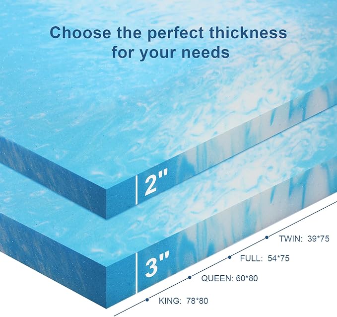 3 Inch Full Size Memory Foam Mattress Topper, Cooling Gel Infusion Bed Topper Pad for Firm Mattress (54" x 75")