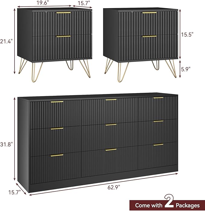 9 Drawer Dresser and Nightstand Sets for Bedroom, 3 Pcs Bedroom Set，Night Stand Set of 2 & 9 Drawer Dresser with Gold Handles, Modern Wood Chest of Drawers Storage Cabinet Set, Black