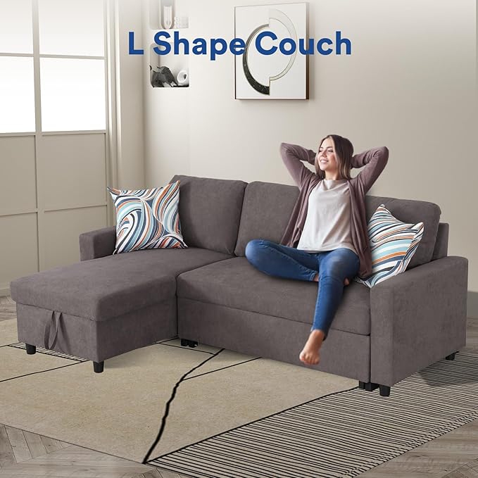 Rovibek 83" Convertible Sofa Bed Couch with Storage - 4 in 1 L Shaped Sofa with Pull Out Couch Bed for Living Room, Apartment, Office, Small Spaces, Coffee