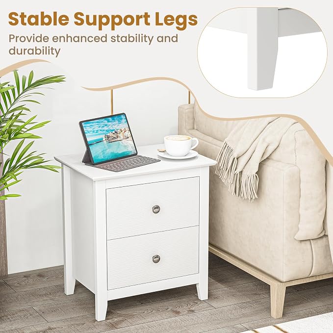 KOMFOTT 2 Drawers Nightstand Set of 2, Wooden Bedside Table, Modern Sofa Side End Table, Compact Side Table for Bedroom, White - Image 5