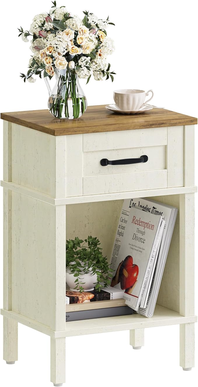 White Farmhouse Nightstand with Drawer, Small Wooden Bedside Table, White End Table, Bedroom Side Table with Storage, Rustic Wood Night Stand LET512WR - Image 7