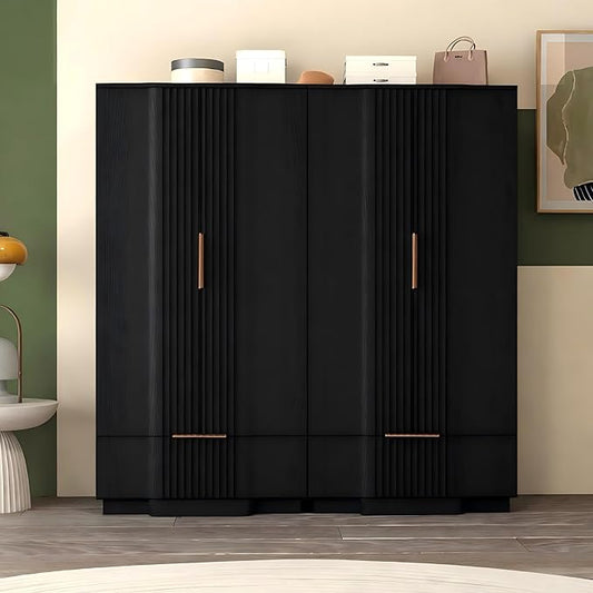 Brafab 67" Fluted Armoire Wardrobe Closet Set of 2 with Drawers and Doors, Wooden Wardrobe Cabinet with Adjustable Shelves, Modern Storage for Clothes, Coats for Bedroom,Black(2 pcs)