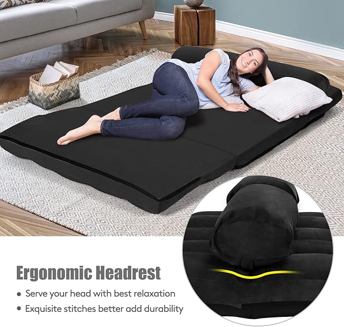 KOMFOTT Adjustable Floor Sofa Bed, Foldable Lazy Sofa Sleeper Bed with 6 Position Backrest & 2 Pillows, Convertible Futon Couch Bed with Suede Cloth Cover, Lounge Recliner for Living Room (Black)