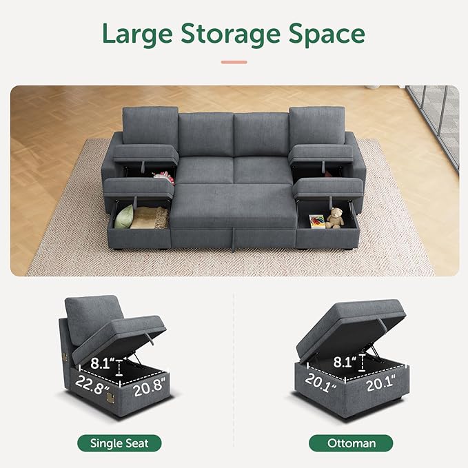 HONBAY Modular Sectional Sleeper Sofa Bed, Chenille Pull Out Couch with Storage Ottoman, U Shaped Sectional Couches for Living Room, Bluish Grey