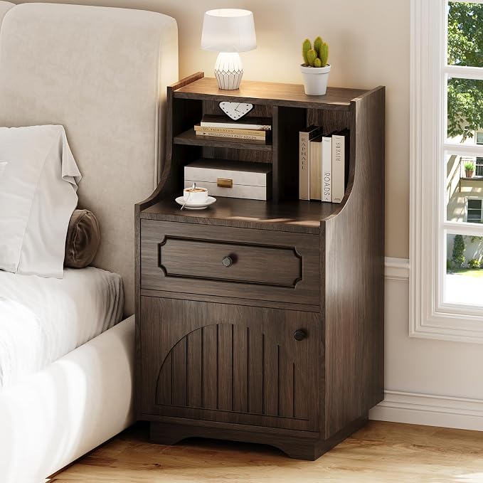 4ever2buy Farmhouse Nightstand Set of 2 with Hutch, 30 inch Tall Nightstands with Storage, End Tables Bedside Tables for Bedroom, Dark Oak - Image 7