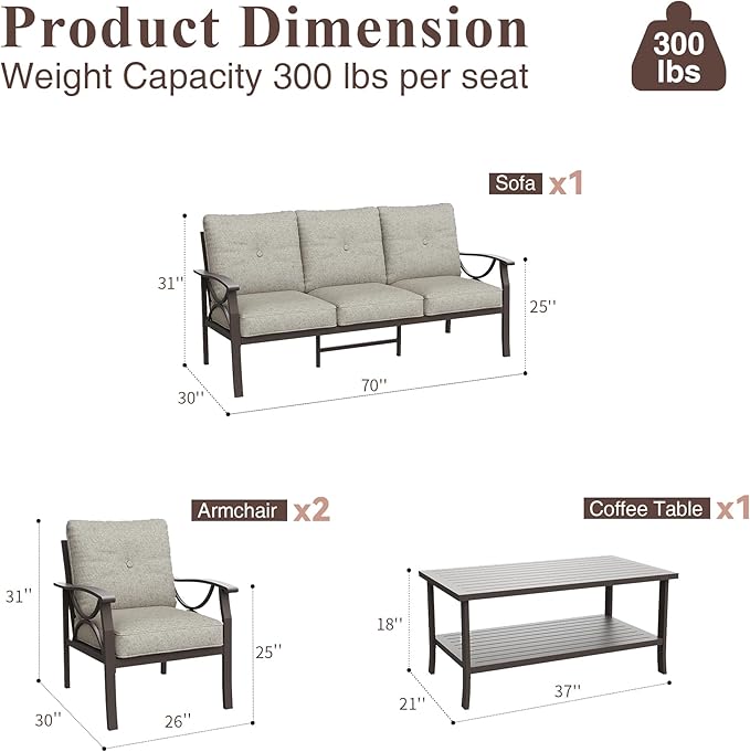 RoyalCraft Outdoor Patio Furniture Set, 4 Piece Patio Conversation Set with Coffee Table, Metal Furniture Set for Porch Backyard Garden, Coffee