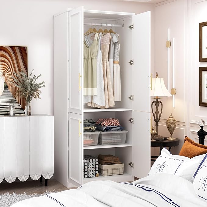 ECACAD White Wardrobe Armoire with 4 Doors, 3-Tier Shelves & Hanging Rod, Wooden Closet Storage Cabinet for Bedroom (30.2”W x 19.3”D x 74.8”H)
