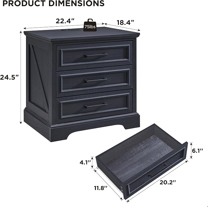 ACCOHOHO Farmhouse Nightstand with Charging Station, 22 Inch Wide End Table with 3 Large Drawers & Bar Handles, Rustic Wood Small Dresser Chest of Drawers for Bedroom, Living Room, Closet, Black - Image 2