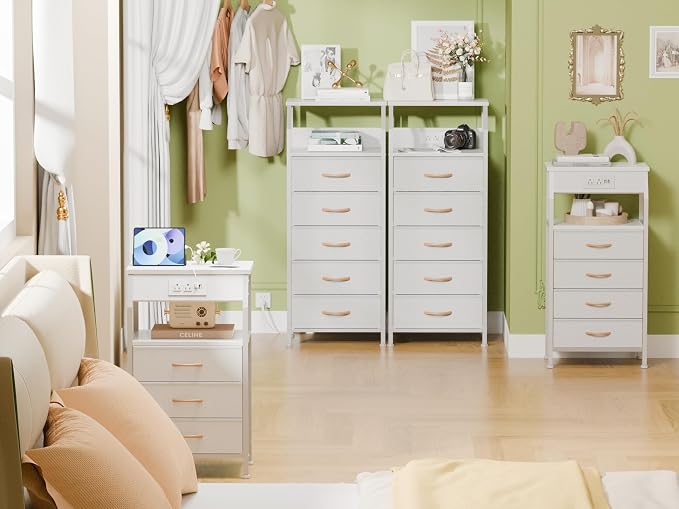 Furnulem 5 Drawers Dresser with Charging Station, Tall Night Stand with Open Shelf, Storage Tower with PVC & Fabric Drawer, Bedside Table for Bedroom, Closet, Entryway, 3 Ways to Use, White - Image 5