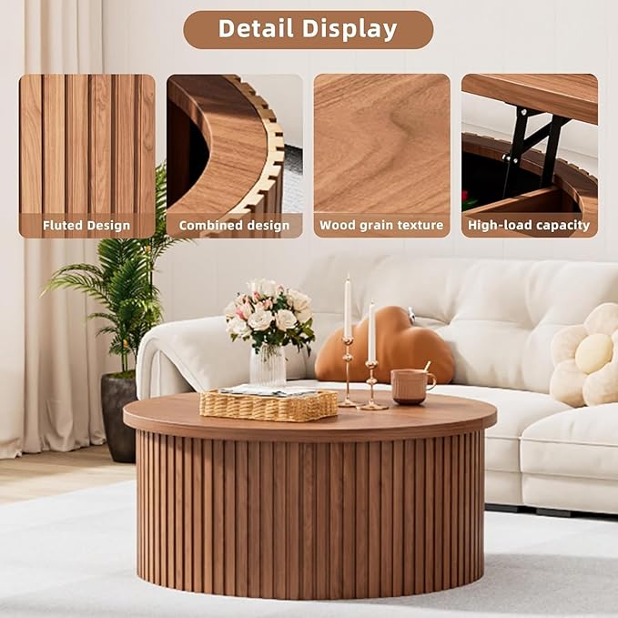 Fluted Lift Top Coffee Table with Hidden Storage, 31.6 Inch Round Coffee Tables for Living Room, Circle Wood Center Tables for Home (Walnut)