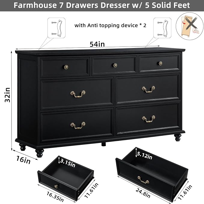 Joaxswe Farmhouse 7 Drawers Dresser for Bedroom, Black 54 Inch Wide Chest of Drawers w/ 4 Wooden Legs, Large Vintage Rustic Closet Dressers for Living Room, Wood TV Stand with Storage Organizer - Image 2
