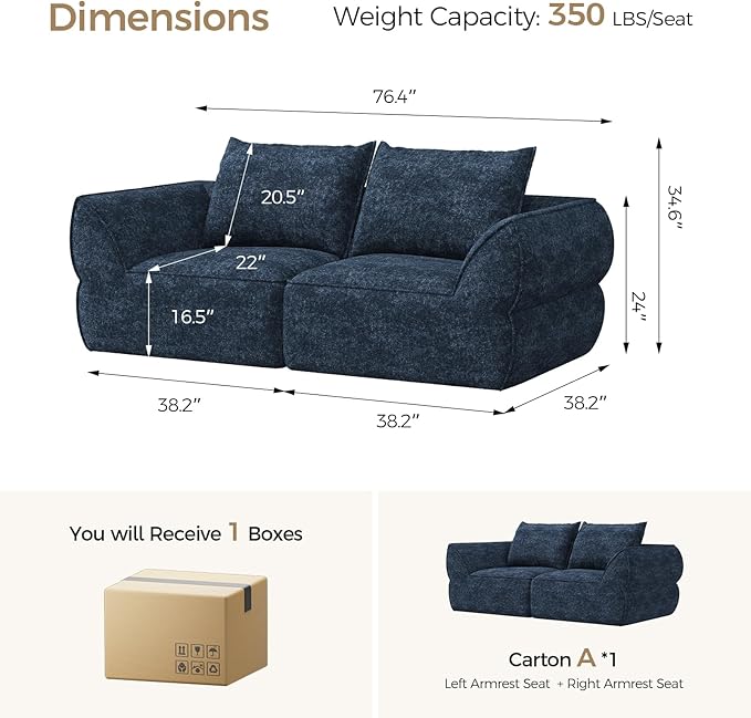 76.4" Cloud Loveseat Sofa, Deep Seat Couch with Pillows, Modern Comfortable Upholstery Boneless Sofa, 1 piece for Living Room, Bedroom, Apartment, Removable Cover，No Assembly Required, Aqua Blue