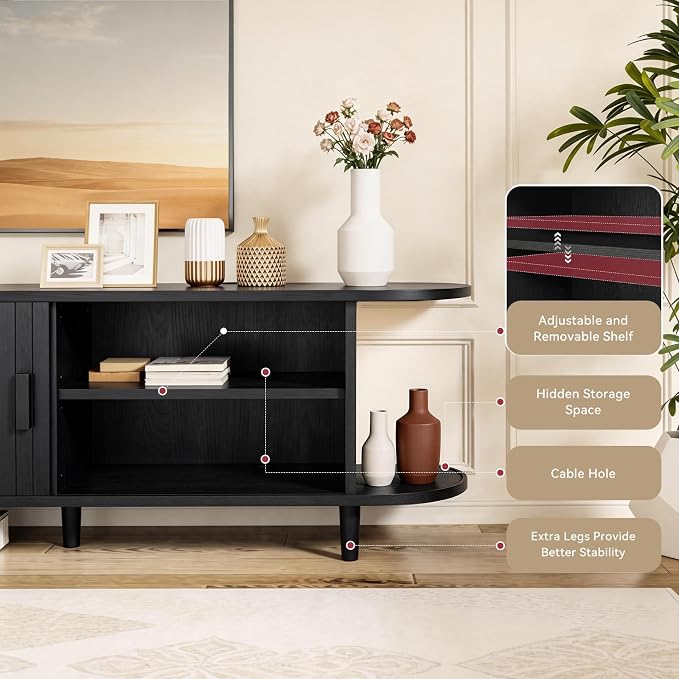 70" Mid Century Modern TV Stand with Power Outlet, Fluted Entertainment Center with Storage and Adjustable Shelves, Wood TV Console with Sliding Doors for Living Room, Black - Image 6