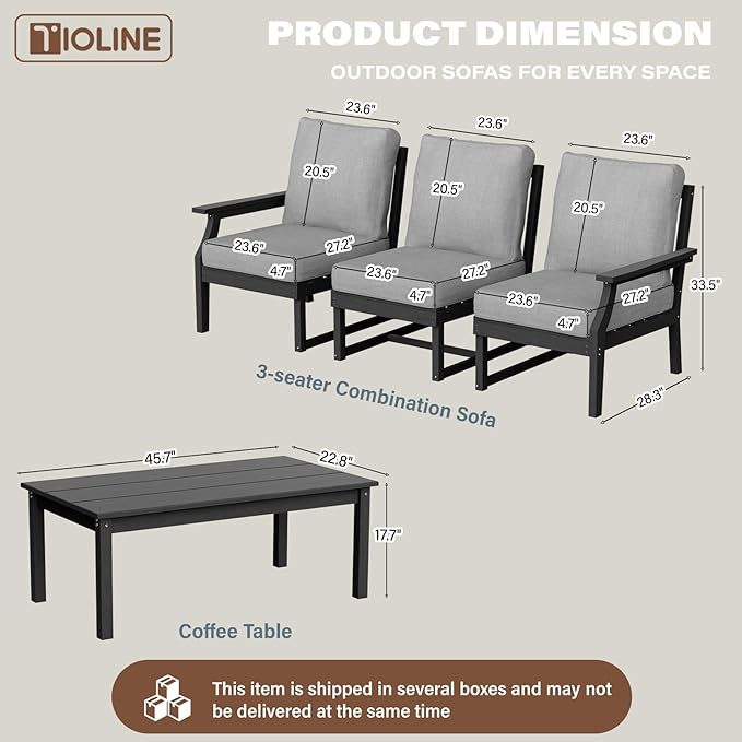 HDPE Patio Conversation Set, 4-Piece All Weather Outdoor Furniture Set with 3-Seater Modular Sofa for Deck, Lawn, with Cushion, Black