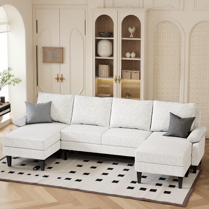 Sectional Couches for Living Room, Convertible 4 Seat Modular Sectional Sofa Set for Living Room, L Shaped Couch or U Shaped Couch with Ottoman for Apartment, White