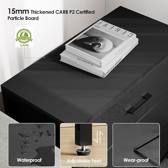 Memobarco Nightstand with 3 Drawers for Bedroom, Storage Dresser with Fabric Drawers and Metal Frame for Closet, Living Room, Bedside Table with Wood Top, Easy Pull Handle, Black - Image 4