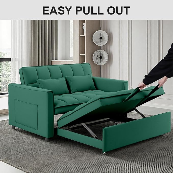 3 in 1 Pull Out Sofa Bed, 54" Sleeper Sofa Bed with 3-Level Adjustable Backrest, Velvet Fabric Loveseat Sleeper Couch for Living Room & Bedroom & Apartment & Dorm Furniture, Green