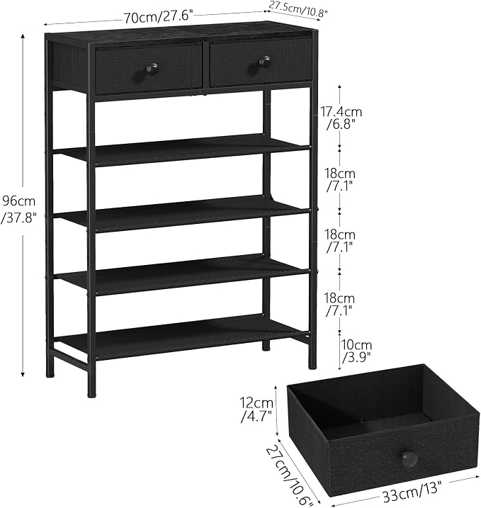 Shoe Rack, 5 Tier Shoe Organizer with 2 Drawers, Metal Shoe Storage for 16-20 Pairs of Shoes with Fabric Shelves and Wooden Top, Narrow Shoe Shelf for Closet Entryway Black - Image 3