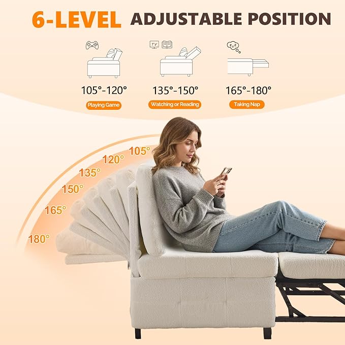 VINGLI Convertible Sofa Bed Tufted Teddy Fleece Sleeper Chair Bed Couch Armless Living Room Chairs with Adjustable Backrest Pull Out Couch Bed for Small Spaces | Armless Sofa Bed