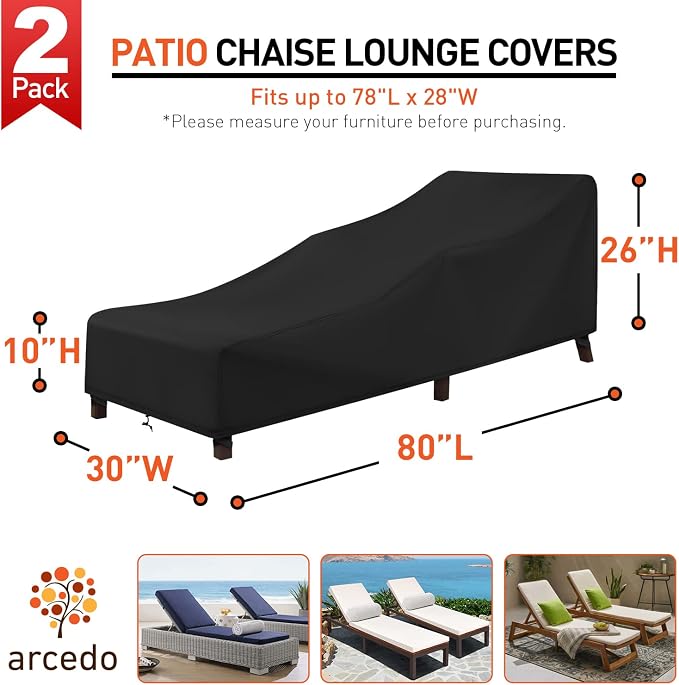 Arcedo Patio Chaise Lounge Cover Waterproof 2 Pack, Lounge Chair Covers for Outdoor Pool Lounger and Patio Furniture, 80" x 30" x 26" H, Black - Image 2