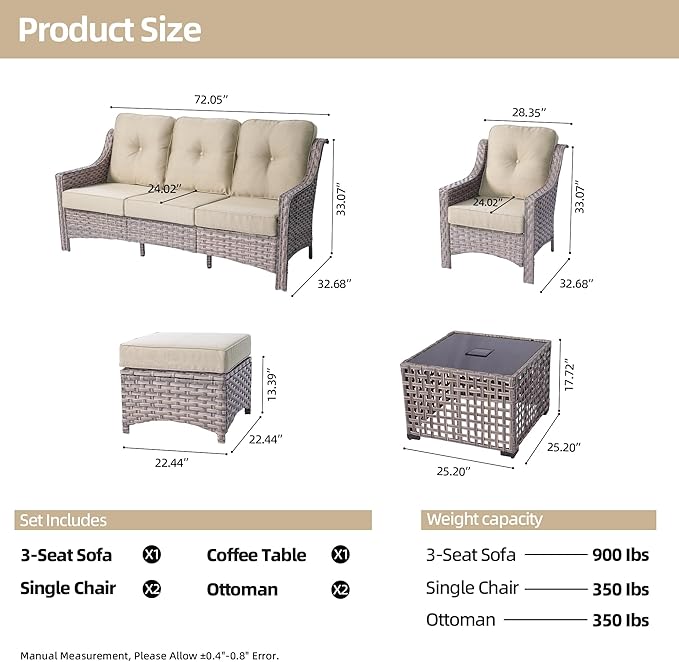 HOOOWOOO 6 Piece Patio Furniture Conversation Sets with Sola Light Table,Outdoor Wicker Furniture with Ottoman, All Weather Resistant Outside High Back Rattan Patio Set(Beige Tan)