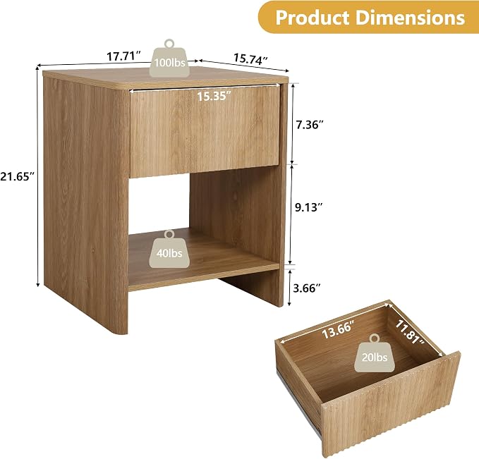Modern Night Stand Set 2 with Drawer, Boho Nightstand for Bedroom, Small End Table with Storage, Living Room/Bed Side Table with Drawer for Small Spaces, Fluted Cabinet Wood Nightstand - Image 2