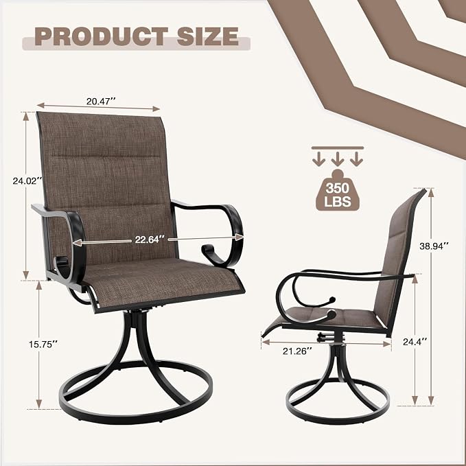 MELLCOM Swivel Outdoor Chairs Set of 4, High Back Padded Textilene Patio Dining Chairs with Metal Frame, All-Weather Outdoor Furniture Rocker, Brown - Image 3