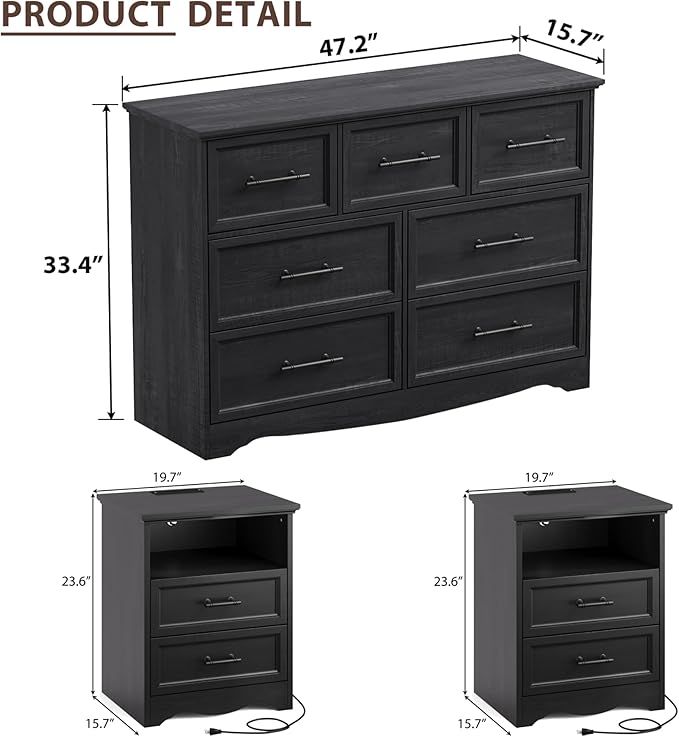 Bedroom Set, 3 Pieces Bedroom Furniture Set, Wood 7 Drawer Dresser and Nightstands with Charging Station, Farmhouse Storage Organizer Cabinet for Bedroom, Black