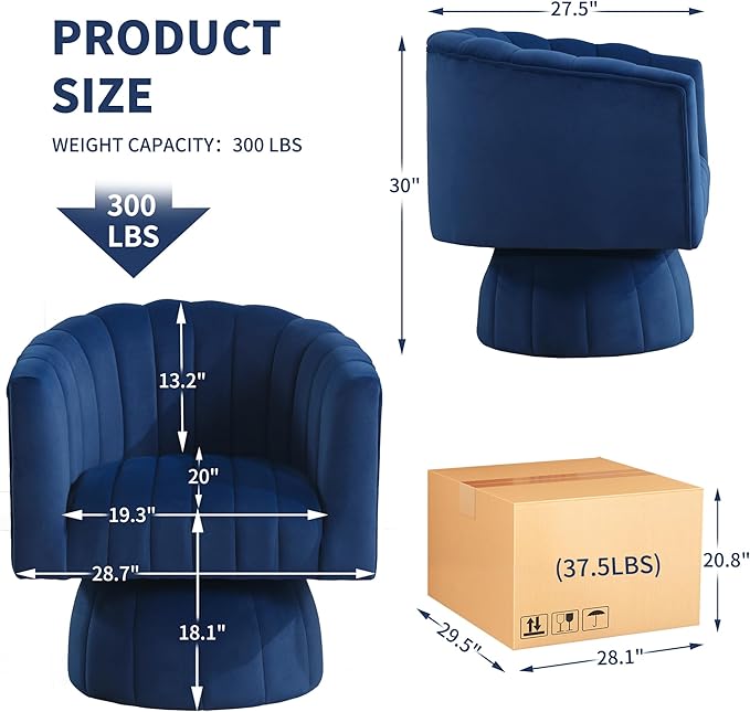 Swivel Accent Barrel Chair - Cute Comfy Small Round 360° Arm Chair Velvet Sofa Club Reading Chair for Living Room Bedroom Office Dark Blue